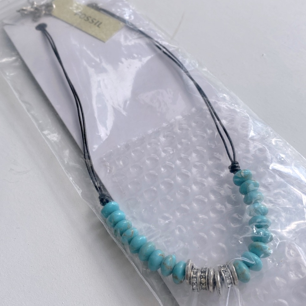 NWT Fossil Brand Turquoise & Crystal Beads on Cord Necklace